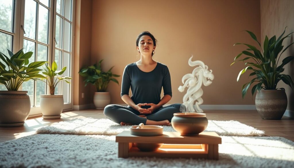 A tranquil indoor scene, natural light streaming through large windows illuminating a cozy, minimalist space. In the foreground, a person sits cross-legged on a plush rug, eyes closed, hands resting gently on their lap, embodying a state of deep contemplation and presence. Lush, verdant plants in ceramic pots line the periphery, adding a soothing, rejuvenating element. In the middle ground, a low wooden table holds a steaming mug of tea and a simple, artisanal ceramic bowl, suggesting the ritual of savoring a moment. The background features warm, earthy tones, with subtle textures on the walls and a sense of quietude, encouraging the viewer to slow down and immerse themselves in the serene, meditative atmosphere.