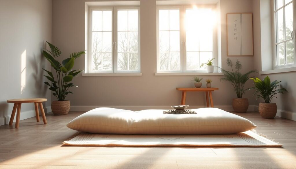A tranquil, minimalist meditation room with natural light streaming in through large windows. Soft, muted colors create a calming ambiance - light gray walls, a plush, cream-colored meditation cushion on the floor, and a simple wooden side table. Potted plants and a zen rock garden add natural touches. The room is bathed in warm, diffused lighting, creating a serene, introspective atmosphere. The camera angle is low, capturing the peaceful, grounded feel of the space. Overall, the image conveys a sense of quiet contemplation and inner balance.