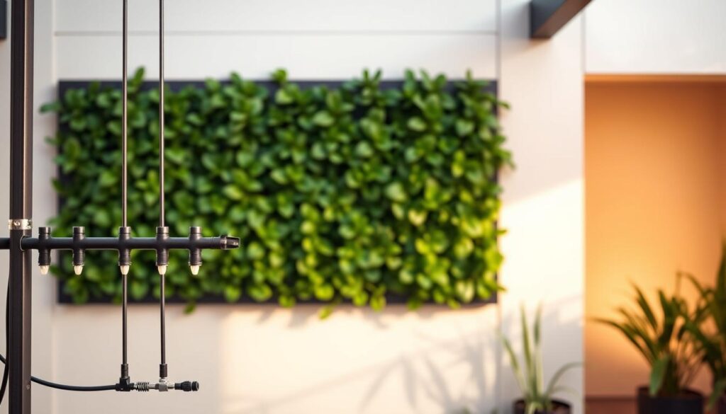 A vertical garden wall system with a sleek, minimalist design. In the foreground, a neatly organized array of drip irrigation emitters and hoses, evenly spaced to provide targeted watering to each plant. The middle ground showcases the lush, verdant foliage of the vertical garden, the leaves gently swaying in a soft, natural breeze. In the background, a clean, modern architectural wall acts as the canvas, its neutral tones complementing the vibrant greenery. Warm, indirect lighting casts a gentle glow, creating a serene, nurturing atmosphere for this self-sustaining vertical garden oasis.