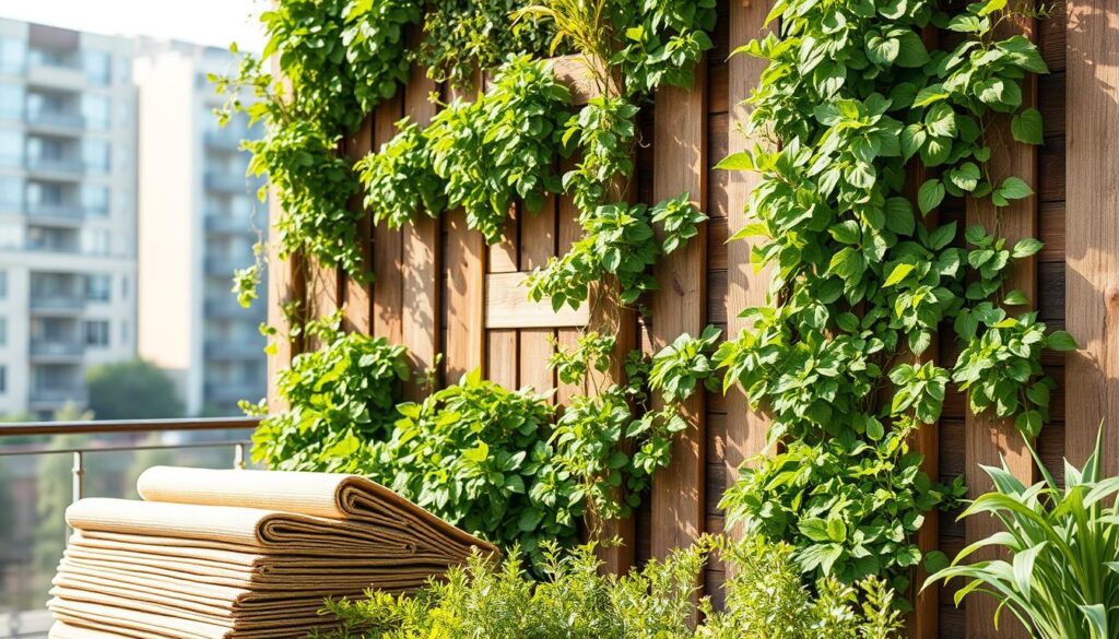A vertical garden wall with an assortment of lush, vibrant greenery cascading down a sturdy, weathered wooden frame. In the foreground, various planting materials are neatly arranged, including natural fiber mats, geotextile fabric, and a selection of compact, low-maintenance plants suitable for vertical gardening. The middle ground features a close-up view of the wooden slats, their rustic texture and natural grain creating a warm, earthy aesthetic. In the background, a softly-lit, sunlit urban setting provides a serene, natural backdrop, hinting at the integration of this vertical garden into a contemporary architectural landscape.
