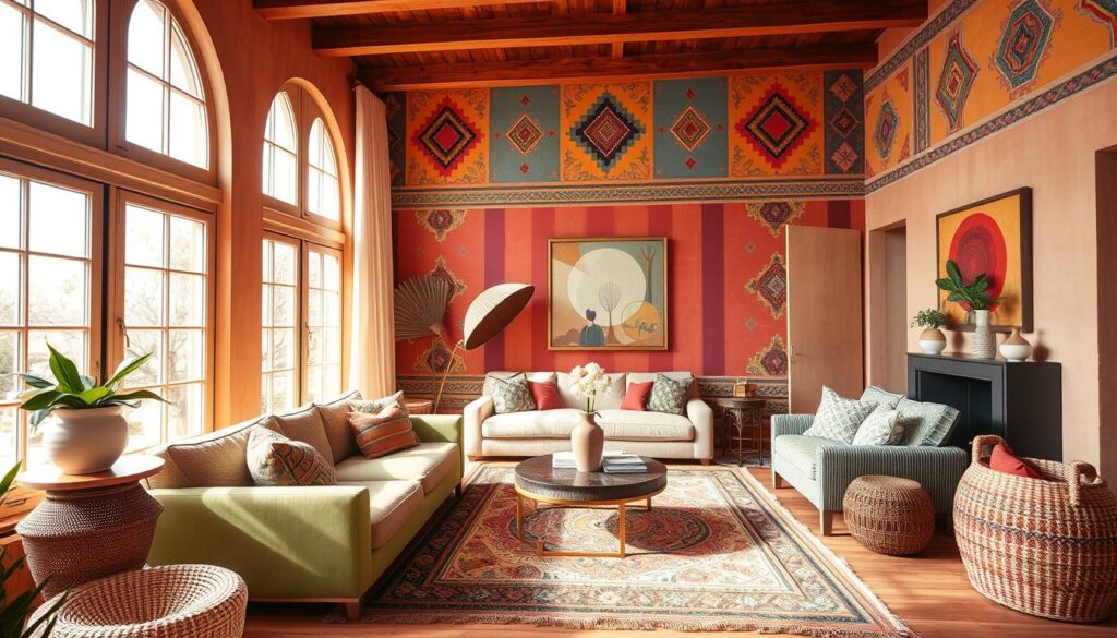 A vibrant and culturally diverse living room interior, illuminated by warm natural light filtering through large windows. The walls are adorned with bold, geometric patterns in a harmonious blend of earthy tones and vivid hues, reflecting the unique color palettes of different regions and cultural traditions. Plush, textured furnishings in complementary shades anchor the space, creating a cozy and inviting atmosphere. Intricate woven rugs, decorative vases, and carefully curated art pieces add depth and visual interest, showcasing how color can profoundly influence the mood and personality of a home.