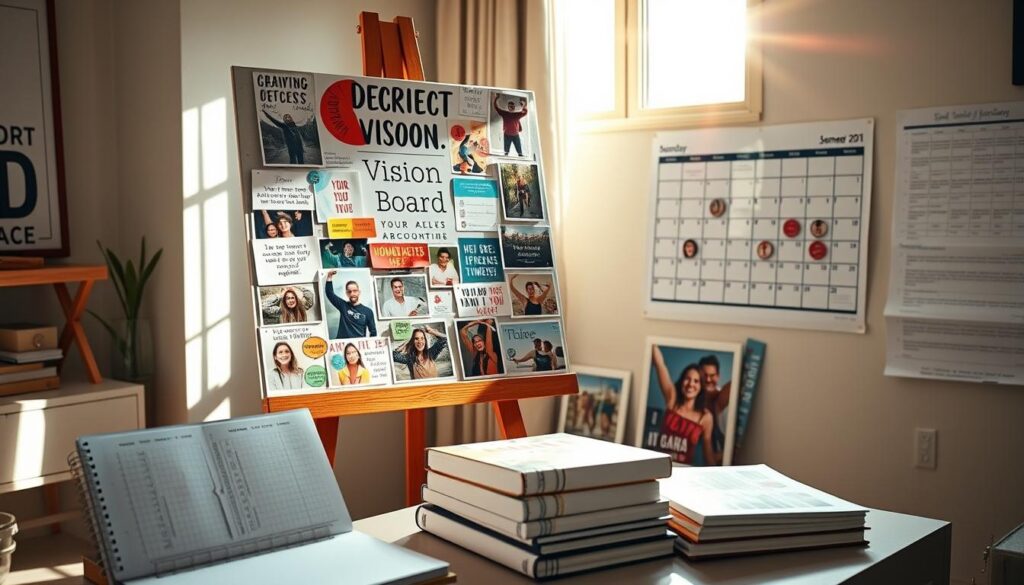A vibrant and inspirational vision board displayed on a wooden easel, illuminated by natural sunlight streaming through a large window. The board is adorned with a collage of images, affirmations, and goal-setting tools, radiating a sense of accomplishment and growth. In the foreground, a planner, a vision journal, and motivational books are neatly arranged, conveying a sense of organization and focus. The middle ground features framed photographs of individuals celebrating their achieved dreams, their expressions filled with joy and satisfaction. In the background, a cozy and inviting home office space with minimalist decor and a large, motivational wall calendar. The overall scene exudes a sense of positivity, empowerment, and the tangible results of manifesting one's aspirations through the power of a vision board.