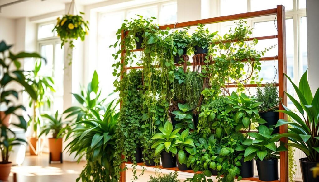 A vibrant and lush vertical garden in a bright, airy indoor space. The foreground features a neatly arranged selection of potted plants in varying shades of green, cascading down a sturdy wooden or metal frame. The middle ground showcases a mix of leafy vines, trailing plants, and compact succulents, all expertly integrated into the vertical structure. The background depicts a sun-drenched room with large windows, allowing natural light to flood the scene and create a warm, inviting atmosphere. The overall composition conveys a sense of harmony, showcasing the beauty and versatility of a DIY vertical garden that could inspire beginner urban gardeners.