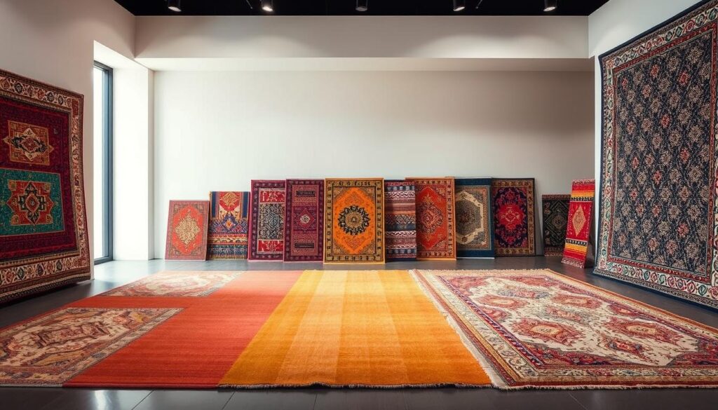 A vibrant and visually compelling rug display showcasing a harmonious color palette and intricate patterns. The foreground features an assortment of colorful rugs, each with a distinct geometric or organic motif, artfully arranged to create a cohesive visual narrative. The middle ground presents various rug samples and swatches, allowing for a closer examination of the textures, hues, and design elements. The background depicts a minimalist, well-lit interior space, providing a clean and modern backdrop that highlights the rugs' visual impact. The lighting is soft and even, casting a warm glow that enhances the depth and richness of the colors. The overall composition conveys a sense of balance, creativity, and a deep understanding of color theory and pattern selection, perfectly suited to illustrate the "Color Theory and Pattern Selection for Space Definition" section of the article.