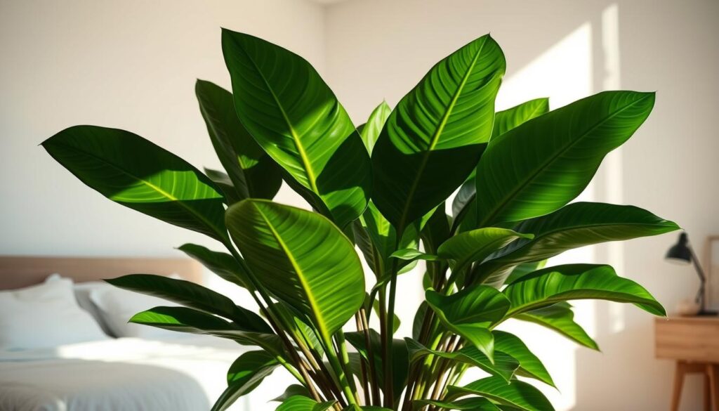 A vibrant, full-bodied Rubber Plant stands in a sun-drenched bedroom, its glossy, deep green leaves unfurling and expanding to purify the air. Soft, diffused lighting illuminates the plant's lush foliage, casting gentle shadows that create a sense of depth and dimension. The plant is positioned in the foreground, its size and scale commanding attention, while the background features a minimalist, clean-lined interior with neutral tones that allow the plant to be the visual focus. The overall scene exudes a calming, natural atmosphere, showcasing the Rubber Plant's air-purifying abilities in a serene, harmonious setting.
