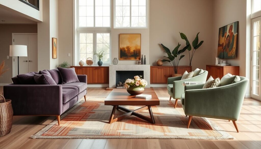 A vibrant, harmonious home decor color scheme is meticulously showcased in a well-lit, airy living room. The foreground features a plush, jewel-toned velvet sofa complemented by a pair of modern, angular armchairs in a soothing sage green. The middle ground showcases a handwoven area rug in an abstract pattern that ties the color palette together, while a sleek, wooden coffee table grounds the scene. In the background, large windows flood the space with natural light, highlighting the soft, earthy tones of the walls and the carefully curated accessories that add pops of color and texture. The overall atmosphere is one of balance, sophistication, and a harmonious blend of hues that create a warm, inviting ambiance.