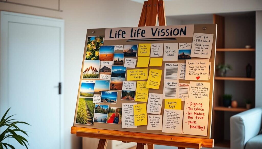 A vibrant, inspirational life vision board displayed on a wooden easel, illuminated by soft, warm lighting. In the foreground, a collage of images depicting personal goals, dreams, and aspirations - from a tranquil nature scene to a thriving career, a loving family, and a healthy lifestyle. The middle ground features well-organized index cards, sticky notes, and hand-drawn sketches, outlining specific action steps and milestones. The background showcases a serene, minimalist interior with neutral tones, emphasizing the board's central focus. The overall atmosphere evokes a sense of clarity, purpose, and a journey towards personal growth and fulfillment.