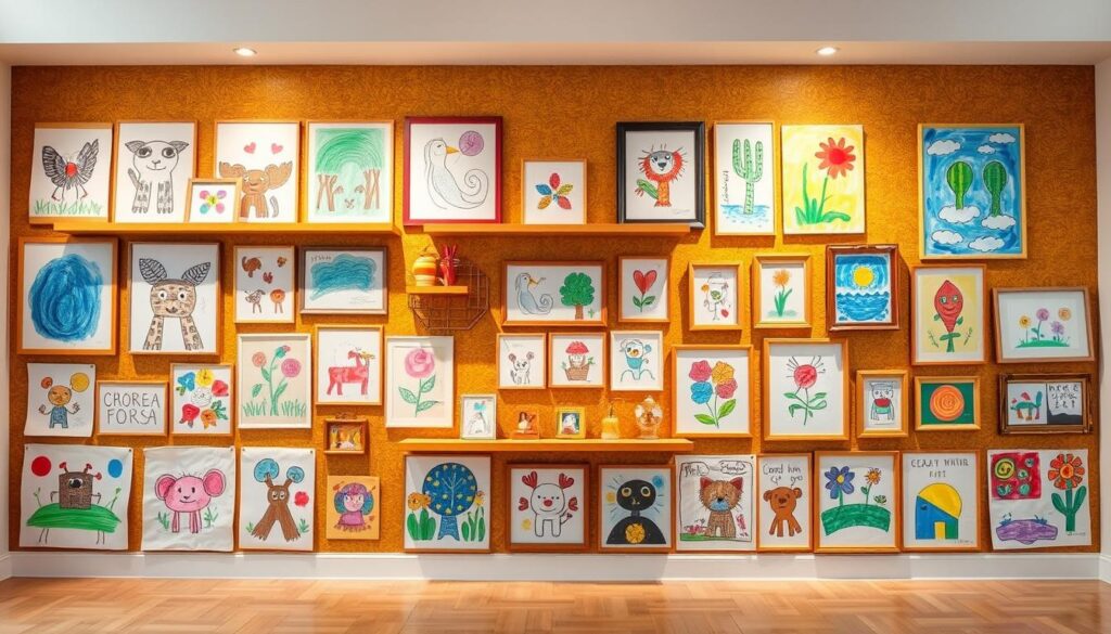 A vibrant kids' art wall design featuring a diverse array of colorful drawings, paintings, and crafts displayed in a visually striking arrangement. The foreground showcases an assortment of whimsical, playful artworks with a mix of textures, media, and styles, playfully arranged in a grid-like pattern. The middle ground incorporates shelves, frames, and other creative display elements that add depth and dimension to the composition. The background features a warm, textured wall surface that complements the artworks, creating a cozy, inviting atmosphere. Soft, diffused lighting gently illuminates the space, highlighting the vibrant hues and inspiring a sense of creativity and wonder. The overall composition conveys a sense of dynamic, ever-evolving expression, capturing the essence of a cherished family space where a child's artistic journey is celebrated.