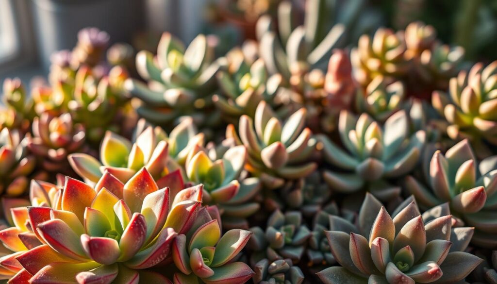 A vibrant still life of pet-safe succulents, bathed in soft, warm lighting that highlights their delicate textures and colors. In the foreground, a cluster of plump, geometric echeveria plants with reddish-purple leaves that catch the light. In the middle ground, a mix of jade plants and senecios with their spoon-shaped, silvery-green foliage. The background features a variety of other desert-dwelling succulents, their unique shapes and hues creating a visually captivating composition. The lighting is natural and diffused, casting gentle shadows that add depth and dimension to the scene. The overall mood is serene and inviting, showcasing the beauty and diversity of these low-maintenance, pet-friendly plants.