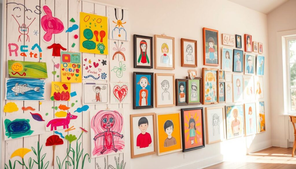 A vibrant wall display showcasing a diverse array of children's artworks. The foreground features brightly colored drawings, paintings, and collages adorning a whitewashed wooden panel. The middle ground showcases a mix of framed artwork, ranging from abstract expressionist scribbles to detailed portraits, arranged in a visually striking, yet playful layout. The background hints at a warm, sun-drenched room, with soft natural lighting filtering in through large windows, casting a gentle glow on the creative display. The overall scene exudes a sense of unbridled imagination and youthful exuberance, perfectly capturing the spirit of a dedicated kids' art display wall.