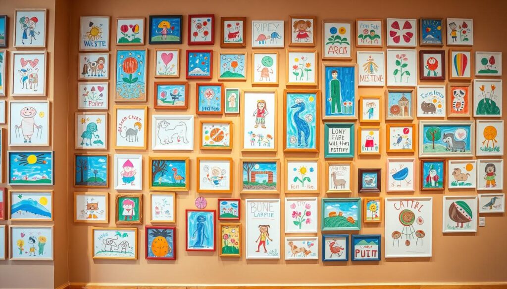 A vibrant wall filled with a delightful array of children's artwork, showcasing their boundless creativity. The foreground features an assortment of whimsical paintings, drawings, and collages, each brimming with bold colors and imaginative expressions. In the middle ground, the artwork is arranged in a visually striking grid layout, with frames of various shapes and sizes adding depth and dimension. The background showcases a warm, inviting neutral tone that allows the artwork to take center stage, creating a harmonious and inspiring display. Soft, diffused lighting casts a gentle glow, highlighting the texture and vibrancy of the pieces. The overall atmosphere radiates a sense of playfulness, joy, and the pure, unencumbered spirit of a child's artistic expression.