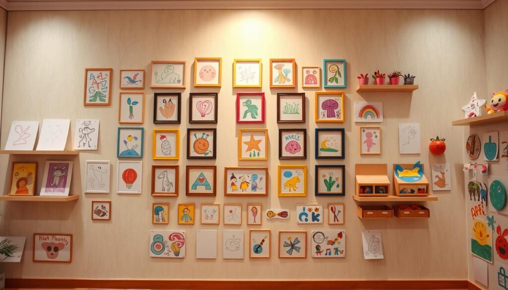 A vibrant, well-organized kids' art display wall, featuring an array of colorful drawings, paintings, and crafts created by young, imaginative hands. The focal point is a central arrangement of framed artworks, showcased against a soft, pastel-toned background with subtle textures, perhaps a lightly patterned wallpaper or a soothing gradient. Surrounding the main display are cleverly designed storage solutions, such as floating shelves or magnetic boards, allowing for easy rotation and showcasing of new masterpieces. Accent lighting from above casts a warm, natural glow, highlighting the creativity and energy of the child-created artworks. The overall composition exudes a sense of playfulness, inspiration, and a celebration of the unique artistic expressions of young minds.