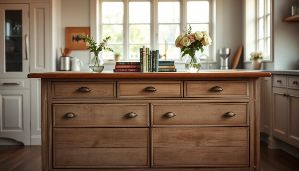 A vintage wooden dresser in a bright, airy kitchen setting. The dresser has been expertly upcycled, its drawers replaced with a solid wood countertop, creating a beautiful rustic-modern kitchen island. Warm, natural lighting filters through large windows, casting a soft glow over the scene. Sleek metal hardware and a muted color palette of whites, greys, and natural wood tones complement the dresser's timeless design. Vases of fresh flowers and cookbooks adorn the island's surface, adding a touch of personality. The kitchen's overall atmosphere is one of effortless style and functionality, showcasing the possibilities of transforming old furniture into stunning, practical pieces.
