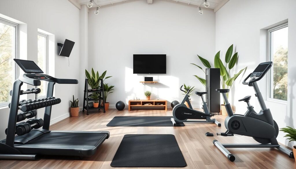 A well-lit, airy home gym with natural light streaming through large windows. The foreground features an assortment of modern, high-quality exercise equipment - a sleek treadmill, a weight rack with an array of dumbbells, and a state-of-the-art stationary bike. The middle ground showcases a plush exercise mat, a wall-mounted TV for entertainment, and a stylish water dispenser. The background depicts an open, minimalist layout with white walls, wooden floors, and strategically placed potted plants that create a soothing, rejuvenating atmosphere. The overall vibe is one of motivation, productivity, and a genuine passion for personal fitness.