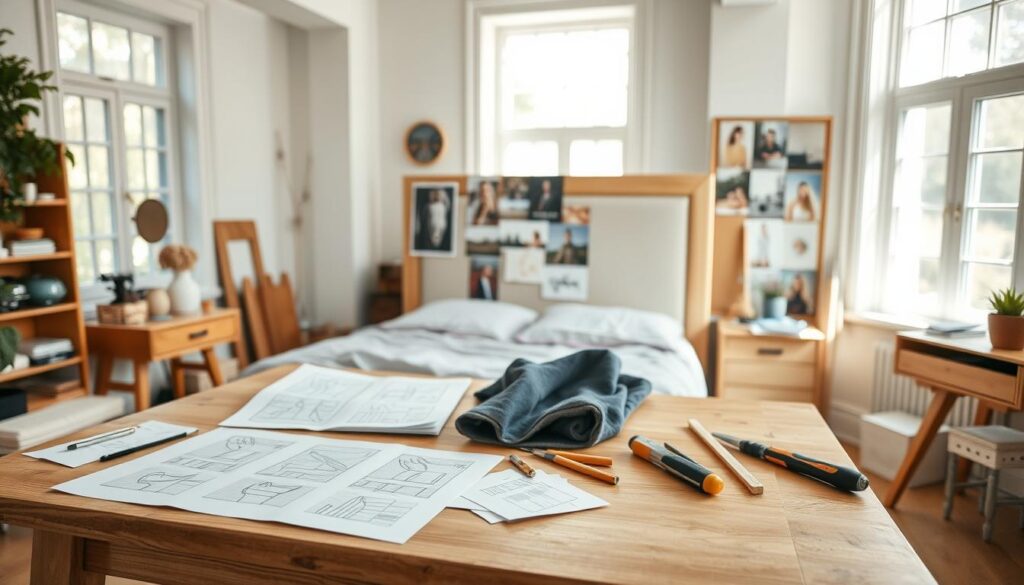 A well-lit, airy home studio with natural lighting from large windows. On a wooden table, several sketches, fabric swatches, and woodworking tools are neatly arranged, indicating a careful planning process for a DIY headboard project. In the background, a moodboard displays inspirational images of various headboard designs. The overall atmosphere conveys a sense of creativity, organization, and anticipation for the upcoming project.