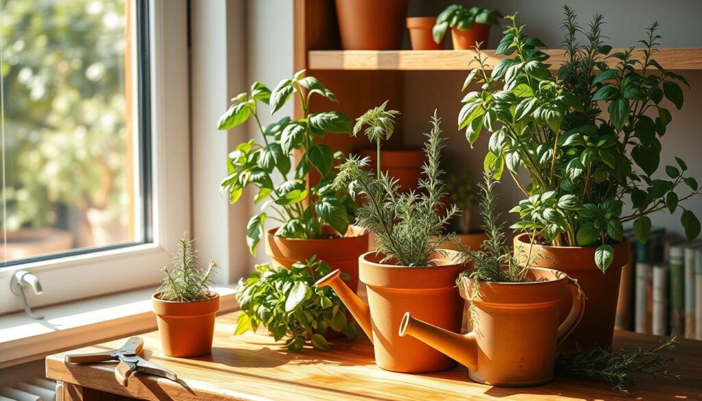 A well-lit, airy indoor herb garden with terracotta pots of thriving basil, rosemary, and oregano. The plants are lush and vibrant, their leaves gently swaying in the soft breeze from an open window. The scene is bathed in warm, natural light, casting gentle shadows on the wooden shelves and table surface. A pair of gardening shears and a small watering can sit nearby, creating a sense of purposeful tranquility. The composition is balanced, with the plants taking center stage, surrounded by minimal, uncluttered decor to allow the greenery to shine.