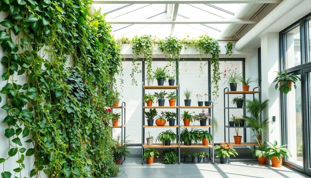 A well-lit, airy indoor setting with a vertical garden wall feature in the foreground. The garden showcases a variety of lush, thriving plants cascading down the wall, including trailing vines, leafy greens, and vibrant flowers. The middle ground features wooden or metal shelving units displaying potted plants of different sizes and shapes. The background has large windows or skylights, allowing natural light to flood the space and create a tranquil, serene atmosphere. The overall composition has a harmonious, balanced layout with clean lines and a minimalist aesthetic, highlighting the beauty and functionality of the vertical garden design.