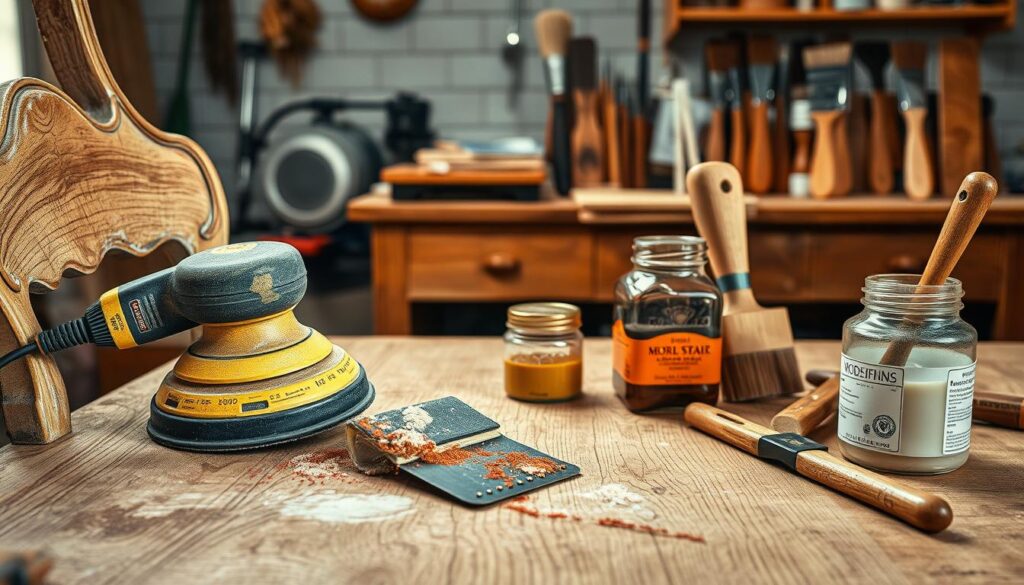 A well-lit, artfully composed scene showcasing various furniture refinishing techniques. In the foreground, a sander gently caresses the weathered surface of an antique chair, revealing the wood's natural grain. Nearby, a paint scraper delicately peels back layers of old paint, exposing the furniture's original charm. In the middle ground, a jar of wood stain and a set of specialty brushes sit ready to transform the piece. The background features a neatly organized workbench, complete with an array of refinishing tools, creating an inviting atmosphere of creativity and craftsmanship. Warm, directional lighting casts a subtle glow, highlighting the intricate details and textures of the refinishing process.