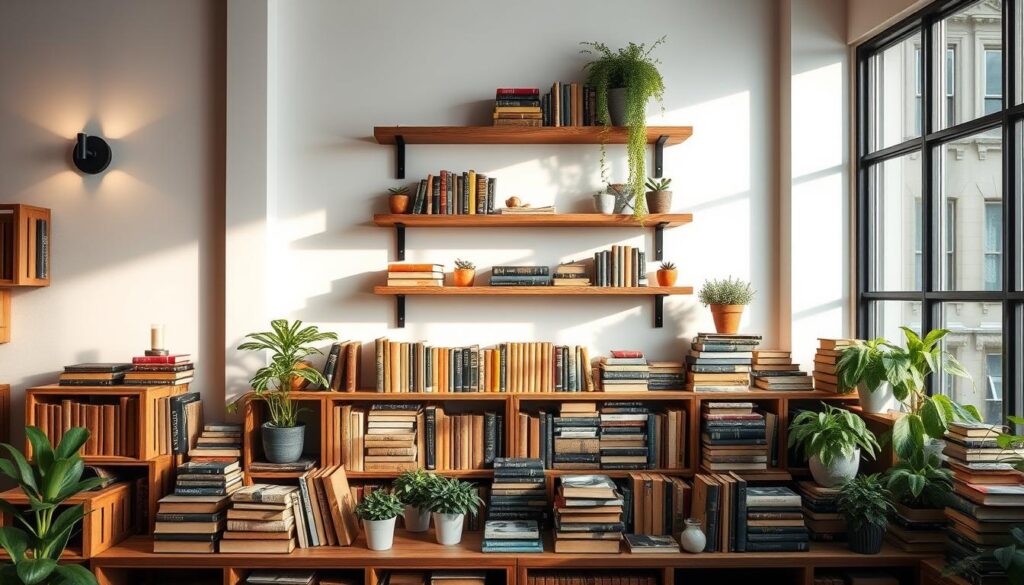 A well-lit book display with creative arrangements, natural wood shelves, and a minimalist aesthetic. Wooden crates, floating shelves, and asymmetric book stacks create visual interest. Soft lighting from wall sconces and a large window flood the scene, casting gentle shadows. Vintage books in earthy tones and textures intermingle with potted plants, lush greenery, and small decorative objects. The overall vibe is cozy, inviting, and tailored to showcase books as functional decor elements.