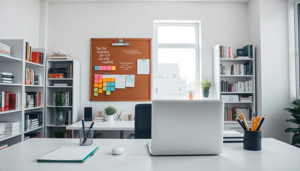 A well-lit, clean, and organized workspace with various productivity tools and accessories. In the foreground, a minimalist desk setup with a laptop, a pen holder, and a planner. In the middle ground, a corkboard with colorful sticky notes, a calendar, and inspiring quotes. The background features bookshelves filled with relevant business and self-improvement books, as well as a large window allowing natural light to flow in, creating a sense of focus and tranquility. The overall atmosphere conveys a professional, efficient, and motivating environment for tackling work tasks and achieving success.