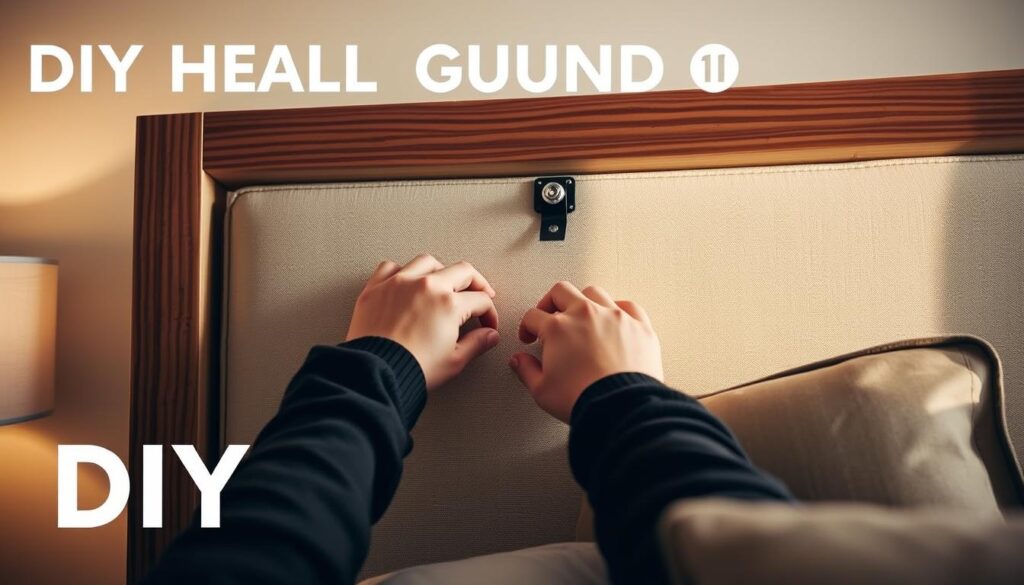 A well-lit, close-up shot of a DIY headboard wall mounting process. The frame is made of sturdy wood, with a soft, neutral-toned fabric upholstery. The camera is positioned at a slightly low angle, capturing the intricate steps of securing the headboard to the wall using heavy-duty mounting hardware. The background is blurred, placing the focus on the task at hand. The lighting is warm and natural, creating a cozy, inviting atmosphere. The overall scene conveys a sense of accomplishment and a step-by-step guide for a successful DIY headboard installation.