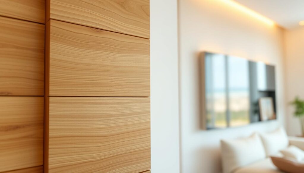 A well-lit, close-up shot of a wooden DIY wall paneling project in a modern, minimalist interior. The panels feature a natural, textured wood grain pattern, with crisp, clean lines and a sleek, contemporary design. The foreground showcases the intricate details of the panels, with subtle shadows and highlights that accentuate the depth and craftsmanship. The middle ground shows the panels installed on a white wall, creating a warm, inviting atmosphere. The background is softly blurred, focusing the viewer's attention on the stunning DIY wall paneling.