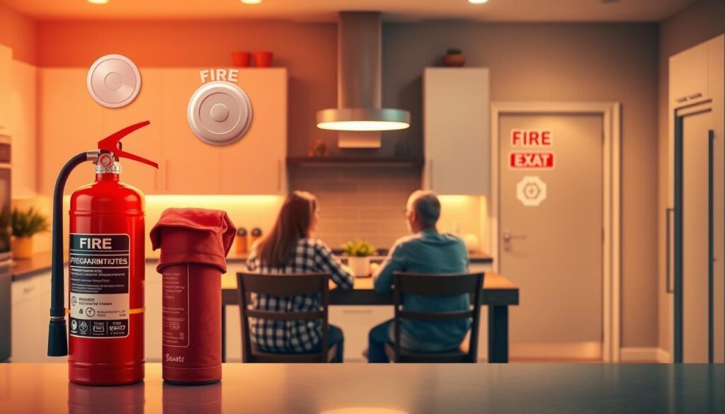 A well-lit, contemporary kitchen interior with a fire extinguisher, smoke alarm, and fire blanket prominently displayed. The room is bathed in warm, ambient lighting, creating a sense of safety and security. In the foreground, a family gathers around the kitchen table, engaged in conversation, underscoring the importance of fire safety measures in protecting loved ones. The middle ground features a sleek, modern fire alarm system, and the background showcases a set of clearly marked fire escape routes, emphasizing the comprehensive approach to fire safety. The overall composition conveys a harmonious balance between functionality and aesthetics, making the image both informative and visually appealing.