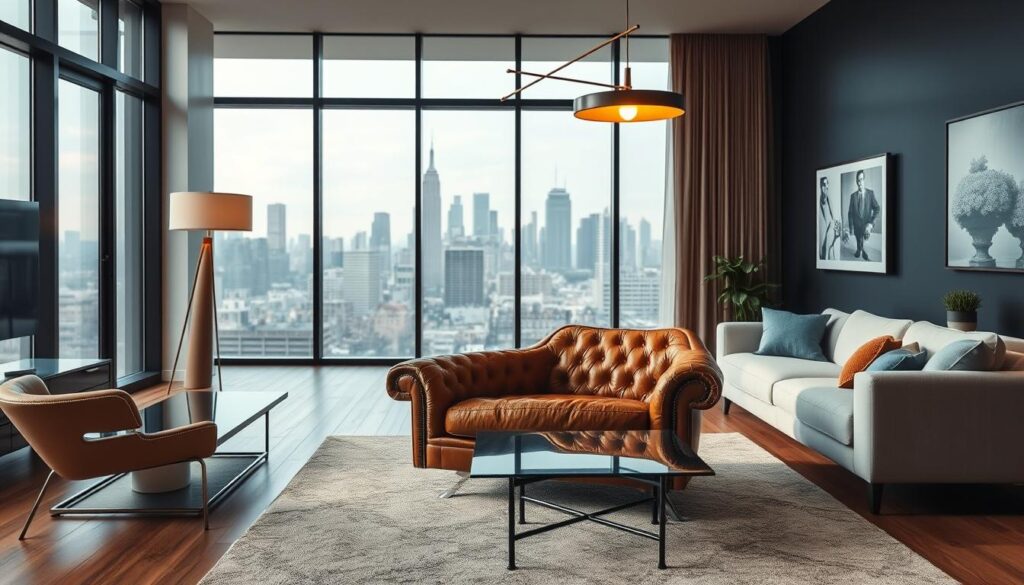 A well-lit, contemporary living room with a vintage, tufted leather armchair placed prominently in the foreground. The chair is surrounded by modern, minimalist furniture pieces, such as a sleek, glass coffee table and a low-profile sectional sofa. The mid-century modern lighting fixtures cast a warm, ambient glow, complementing the aged patina of the leather chair. In the background, floor-to-ceiling windows offer a view of a city skyline, blending the historical and the contemporary. The overall scene conveys a harmonious juxtaposition of old and new, creating a visually striking and inviting space.