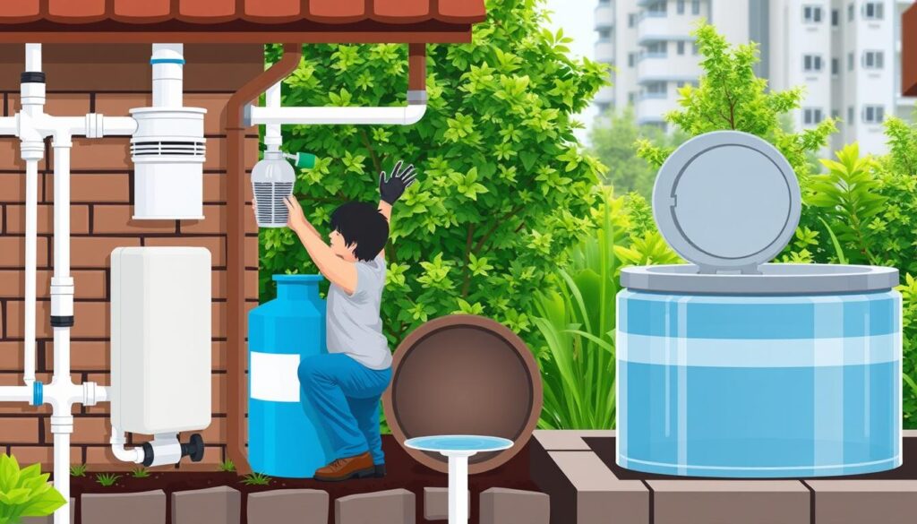 A well-lit, detailed illustration of a rainwater harvesting system troubleshooting scenario. The foreground depicts a person inspecting a clogged downspout filter, surrounded by various components like a water tank, distribution pipes, and gutter guards. The middle ground shows an open tank lid, allowing a view of the water level and any debris inside. The background features a lush, verdant urban garden, hinting at the benefits of a properly functioning rainwater harvesting system. The scene conveys a sense of problem-solving and maintaining an eco-friendly water supply, captured with a crisp, technical style and neutral lighting.