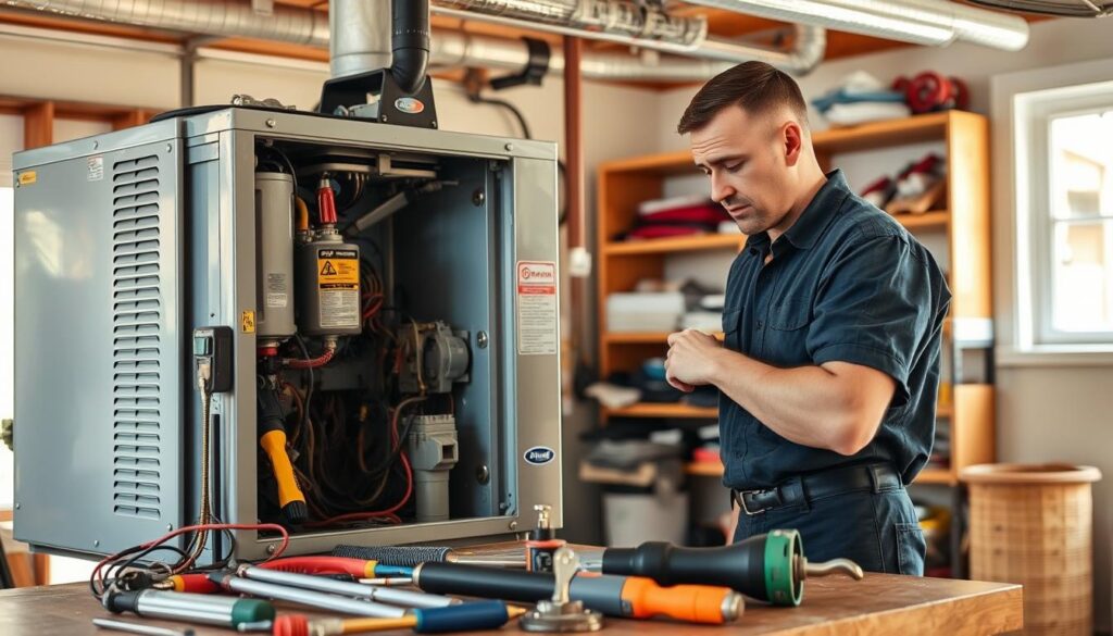 A well-lit, detailed scene of an HVAC technician performing routine maintenance on a home's heating, ventilation, and air conditioning system. The technician is mid-task, examining the inner workings of the unit with a thoughtful expression, surrounded by various tools and equipment neatly arranged on a workbench. The background features a clean, organized garage or utility room, with shelves of spare parts and supplies visible. Warm, natural lighting filters in through windows, creating a sense of professionalism and care. The overall atmosphere conveys the importance of regular HVAC maintenance to keep a home's climate control system running efficiently.