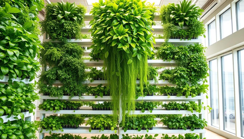 A well-lit, expansive indoor hydroponic vertical garden system, showcasing lush, verdant foliage in various shades of green. The layers include a central arrangement of tall, leafy plants cascading downwards, surrounded by smaller herbs and leafy greens arranged in neat, tiered shelves. The background features a clean, minimalist interior with large windows allowing natural sunlight to flood the space, creating a serene, tranquil atmosphere. The camera angle is slightly elevated, capturing the full height and depth of the vertical garden, with a focus on the intricate and efficient use of space. The lighting is soft and diffused, highlighting the vibrant colors and textures of the plants.