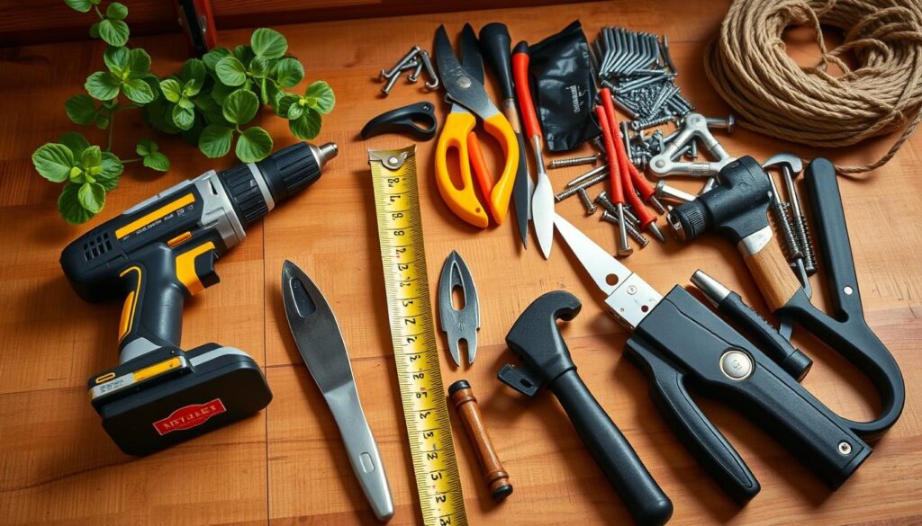 A well-lit, high-angle shot of a neatly arranged collection of essential tools for constructing a vertical garden wall. In the foreground, a cordless power drill, a hammer, a tape measure, and a level rest on a wooden surface. The middle ground features a variety of gardening tools, such as pruning shears, a trowel, and a hand cultivator. In the background, a selection of screws, nails, and anchors are displayed, along with a coil of sturdy rope or twine. The image conveys a sense of organization and preparedness, reflecting the thoughtful planning required for a successful DIY vertical garden wall project.