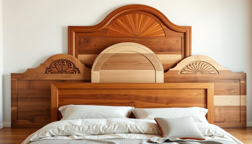 A well-lit, high-resolution photograph of a variety of beautiful wooden headboard designs, showcasing a range of styles from rustic to modern. The image should capture the headboards in a natural setting, such as a cozy bedroom, with soft lighting and a clean, minimalist background that allows the craftsmanship and details of the headboards to shine. The designs should include a mix of intricate carved patterns, simple clean lines, and natural wood textures. The overall composition should be visually striking and inspire the viewer to consider customizing their own bedroom with a handcrafted wooden headboard.