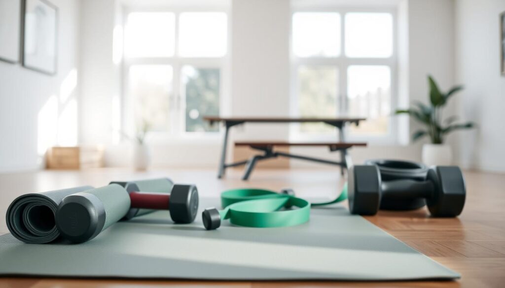 A well-lit home gym setting with essential equipment for beginners, including a yoga mat, adjustable dumbbells, a resistance band, and a simple workout bench. The foreground features the equipment arranged neatly, inviting the viewer to imagine themselves getting started on their fitness journey. The middle ground showcases a minimalist, open-concept room with large windows letting in natural light, creating a serene and motivating atmosphere. The background blends seamlessly with the room's decor, hinting at a cozy, welcoming home environment.