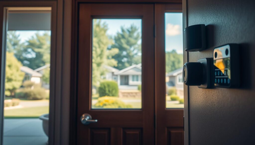 A well-lit home interior with a focus on security features. In the foreground, a smart home security system with motion sensors, cameras, and a control panel. In the middle ground, a sturdy deadbolt lock on a wooden door, and a window with reinforced glass. The background depicts a peaceful suburban neighborhood through the window, with lush greenery and a clear sky. The lighting is warm and inviting, creating a sense of safety and protection. The overall mood is one of confidence and vigilance, reflecting the homeowner's commitment to safeguarding their property and loved ones.