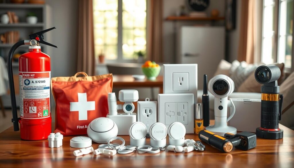 A well-lit home interior with a variety of essential safety products neatly arranged on a wooden table. In the foreground, a modern fire extinguisher, first aid kit, and smoke detector stand out. In the middle ground, a set of childproof locks, outlet covers, and a magnetic oven door latch. In the background, a sleek home security camera and a pack of LED flashlights create a sense of comprehensive home protection. The scene is bathed in warm, natural lighting, conveying a feeling of safety and security.