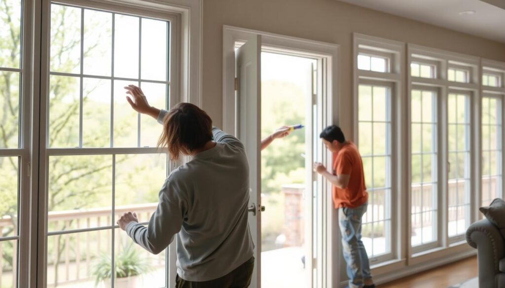 A well-lit home interior with large windows and an open doorway, showcasing spring home maintenance tasks. In the foreground, a person inspecting a window seal, checking for cracks or gaps. In the middle ground, another person caulking around a door frame. The background features a lush, verdant outdoor landscape visible through the windows, suggesting a fresh, rejuvenating spring atmosphere. The lighting is natural, filtering in through the windows, creating a warm and inviting ambiance. The scene captures the essence of preparing a home for the spring season, with a focus on windows, doors, and seals.