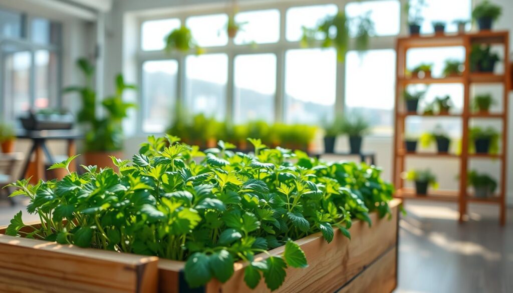 A well-lit indoor herb garden featuring lush, vibrant greenery. In the foreground, a wooden planter box filled with a variety of thriving herbs, their leaves glistening under soft, warm lighting. In the middle ground, a sturdy, wooden shelving unit displaying additional herb-filled planters, arranged in a visually appealing manner. The background showcases a bright, airy space with large windows, allowing natural sunlight to pour in and illuminate the scene. The overall atmosphere is one of tranquility and the peaceful cultivation of nature, perfectly capturing the essence of "Proper Planting Techniques" for an indoor herb garden.