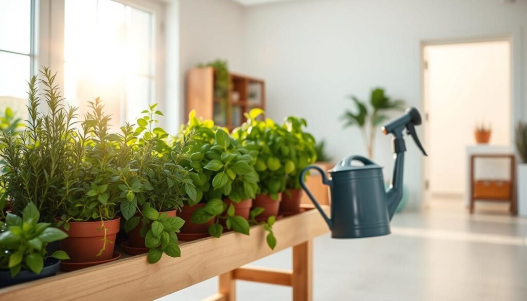 A well-lit indoor herb garden, the morning sun streaming through large windows. In the foreground, lush potted herbs - rosemary, thyme, and basil - arranged neatly on a wooden shelving unit. The middle ground showcases a watering can and a mister, hinting at the delicate care required. In the background, a minimalist, airy room with white walls and natural wood accents, creating a tranquil, serene atmosphere. The composition emphasizes the importance of proper watering techniques for thriving indoor herbs, captured with a clean, crisp, documentary-style aesthetic.