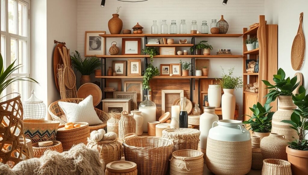 A well-lit, inviting interior showcasing an assortment of sustainable home decor materials. In the foreground, a mix of natural fibers such as jute, sisal, and bamboo woven into textiles, baskets, and decorative accents. In the middle ground, an array of reclaimed wood pieces, including shelves, picture frames, and small furniture items. The background features upcycled glass jars, ceramic vases, and potted plants, creating a serene, eco-friendly ambiance. Soft, diffused lighting casts a warm glow, accentuating the organic textures and earthy tones. The composition strikes a balance between rustic charm and modern minimalism, reflecting the essence of sustainable home decor.