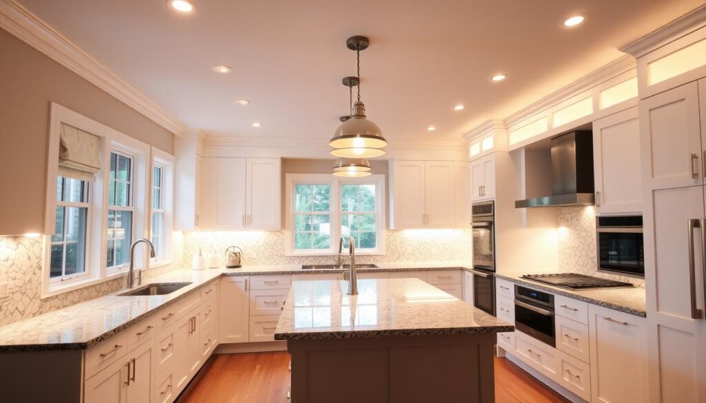 A well-lit kitchen with a modern, minimalist design. Bright, warm LED lights illuminate the sleek granite countertops and white cabinets, casting a soft glow throughout the space. Recessed lighting in the ceiling provides even illumination, while pendant lights above the central island add a touch of elegance. The windows allow natural light to filter in, creating a balance between artificial and natural lighting. The overall atmosphere is inviting, functional, and perfect for both cooking and entertaining.