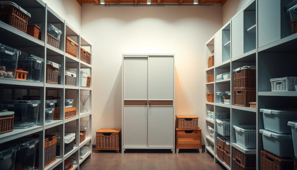 A well-lit, minimalist storage room with clean, streamlined shelving units and neat, organized containers. The foreground features a variety of transparent plastic bins, wicker baskets, and wooden crates neatly arranged on the shelves, creating a sense of order and tranquility. The middle ground showcases a tall, freestanding storage cabinet with sliding doors, providing ample storage space. The background depicts a serene, neutral-toned wall, with indirect lighting casting a warm, calming glow throughout the space. The overall composition conveys a feeling of zen-like simplicity and a decluttered, stress-free environment.