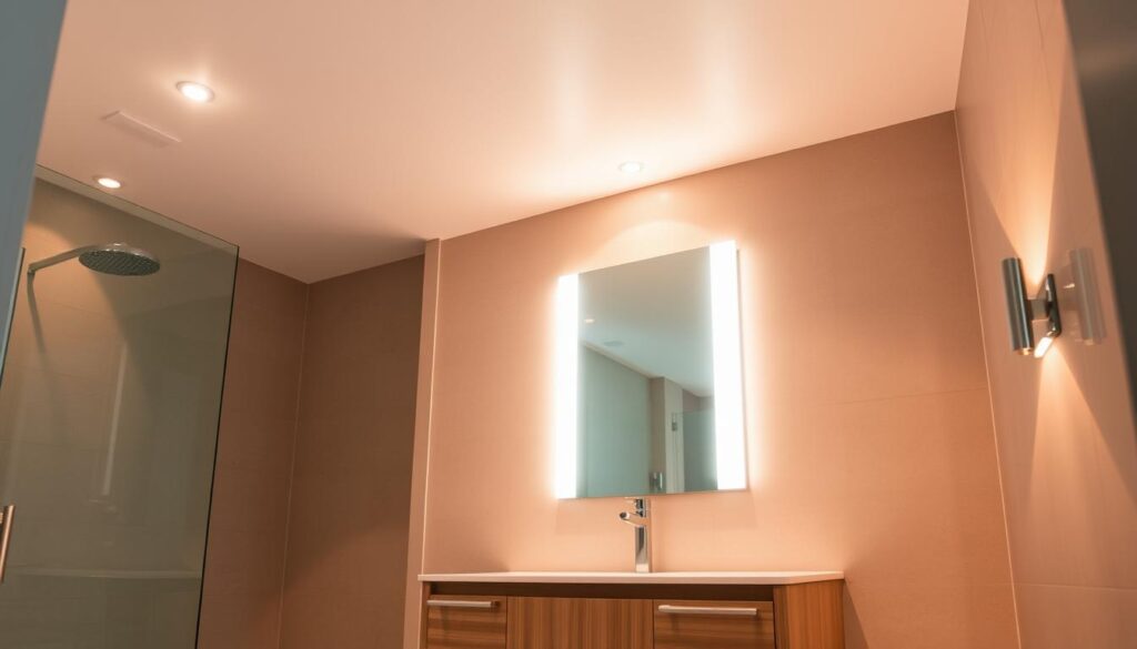 A well-lit, modern bathroom with a contemporary vanity and mirror. Soft, warm lighting from recessed ceiling fixtures creates a calming ambiance. Bright, directional task lighting flanks the mirror, illuminating the countertop and reflecting in the sleek, frameless glass. Subtle sconces along the walls provide gentle, diffused lighting. The tiled floor and walls are in a neutral, earthy palette, complementing the natural wood tones of the vanity. Overall, the lighting creates a balanced, spa-like atmosphere, ideal for daily routines and self-care.