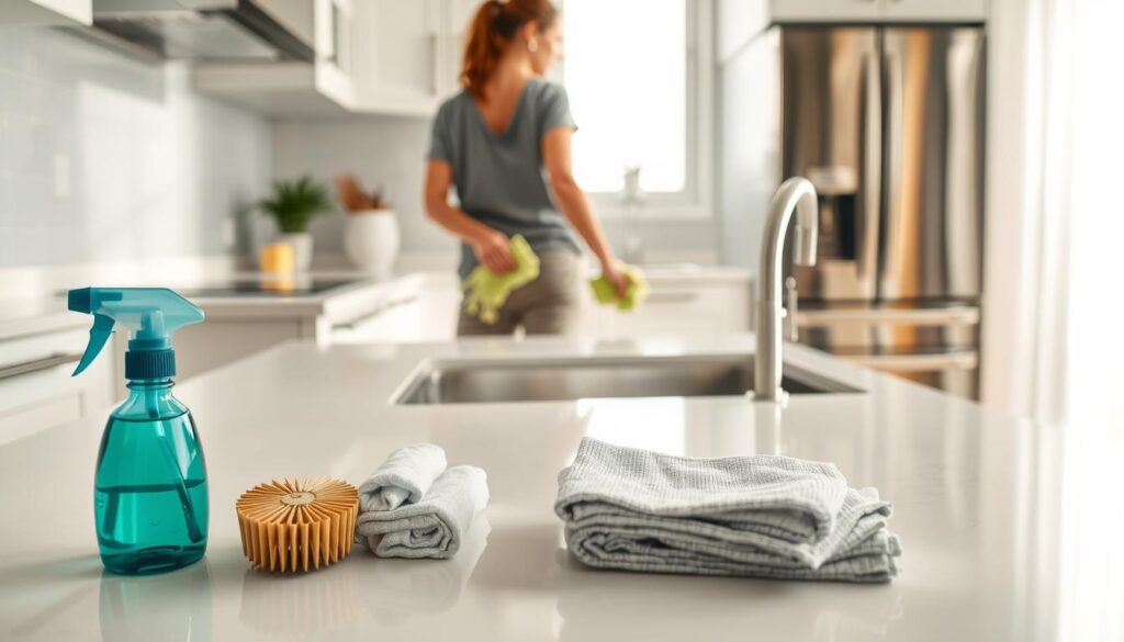 A well-lit modern kitchen, the countertops gleaming with cleanliness. In the foreground, a person in casual attire methodically wiping down surfaces with a microfiber cloth, their movements precise and efficient. Across the middle ground, a selection of eco-friendly cleaning products - a spray bottle, a scrub brush, and a stack of clean rags - neatly arranged. The background reveals a spotless sink, empty of dishes, and a gleaming stainless-steel appliance, reflecting the light. The atmosphere is one of calm control, a sense of order and accomplishment permeating the scene. A well-lit modern kitchen, the countertops gleaming with cleanliness. In the foreground, a person in casual attire methodically wiping down surfaces with a microfiber cloth, their movements precise and efficient. Across the middle ground, a selection of eco-friendly cleaning products - a spray bottle, a scrub brush, and a stack of clean rags - neatly arranged. The background reveals a spotless sink, empty of dishes, and a gleaming stainless-steel appliance, reflecting the light. The atmosphere is one of calm control, a sense of order and accomplishment permeating the scene.