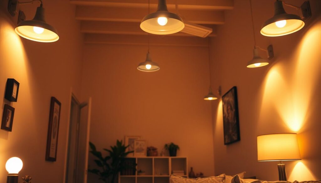 A well-lit room with energy-efficient LED light bulbs and fixtures casting a warm, inviting glow. The lighting is positioned to evenly illuminate the space, highlighting the natural textures and colors of the decor. Soft shadows create depth and dimension, while the overall ambiance is cozy and efficient. The lighting is the central focus, showcasing how energy-saving solutions can enhance the aesthetic appeal of a space without sacrificing illumination.
