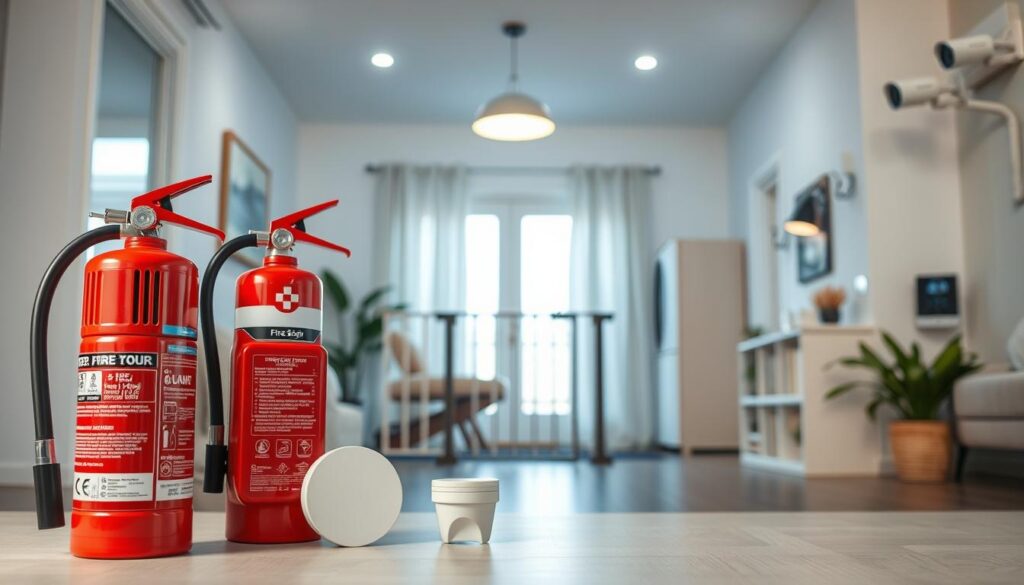 A well-lit, spacious home interior with a focus on essential safety products. In the foreground, a sleek fire extinguisher, a first-aid kit, and a high-quality smoke detector are prominently displayed. In the middle ground, a sturdy, child-proof gate and a set of cabinet locks are visible, ensuring the safety of young family members. The background features a subtly lit home security system, including surveillance cameras and a smart home control panel. The overall mood is one of reassurance and preparedness, with a clean, modern aesthetic that seamlessly integrates these crucial home safety elements.