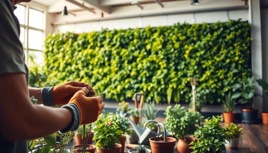 A well-lit, spacious indoor setting with a large vertical garden wall spanning the background. In the foreground, a person wearing gardening gloves is carefully tending to the lush, vibrant foliage, pruning and trimming the plants. The middle ground features a variety of potted plants, gardening tools, and a small watering can, creating a sense of an active, hands-on gardening activity. The lighting is warm and natural, casting soft shadows and highlighting the textures of the plants and materials. The overall mood is one of tranquility, focus, and a sense of nurturing the living, thriving vertical garden.
