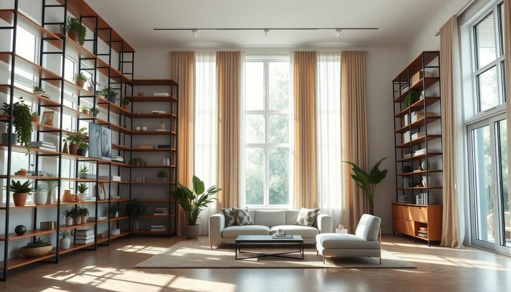A well-lit, spacious room with high ceilings and an abundance of natural light streaming through large windows. The foreground features a minimalist, modern shelving unit that extends from floor to ceiling, utilizing every inch of vertical space. The shelves display an artful arrangement of potted plants, books, and decorative objects, creating a sense of depth and visual interest. In the middle ground, a cozy seating area with a sleek, low-profile sofa and armchair invites relaxation. The background showcases tall, floor-to-ceiling curtains that gracefully frame the windows, emphasizing the room's vertical dimensions. The overall atmosphere is one of calm, balance, and a thoughtful approach to maximizing the available space.