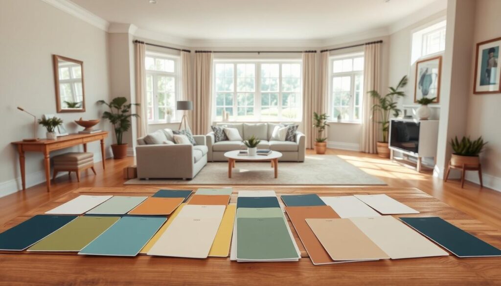 A well-lit, spacious room with neutral walls, showcasing color samples for different areas. In the foreground, an assortment of paint swatches in various shades of blue, green, and beige, neatly arranged on a wooden table. In the middle ground, a cozy seating area with plush furniture in complementary hues. The background features a large window, allowing natural light to flood the space and accentuate the color palette. The overall atmosphere is calming, inviting, and designed to inspire ideas for making small rooms feel more expansive through thoughtful color choices.