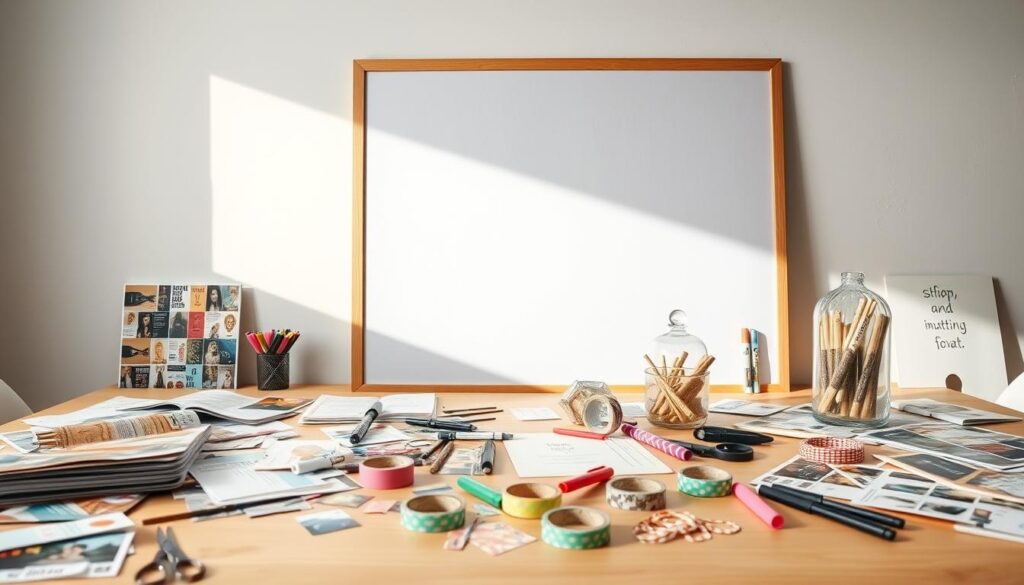 A well-lit, spacious table showcasing an array of vision board supplies. In the foreground, an assortment of colorful magazine clippings, stickers, and washi tape are neatly arranged. In the middle ground, a large blank corkboard leans against a minimalist white wall, ready to be transformed into a personalized vision board. Scattered across the table, various markers, scissors, glue sticks, and a geometric glass jar filled with inspirational quotes. The scene is bathed in soft, natural lighting, creating a warm, inviting atmosphere that encourages creativity and introspection.